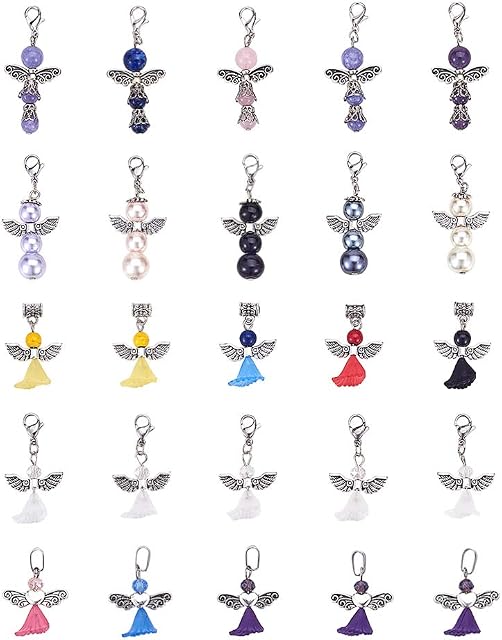 PandaHall Elite 25 pcs 5 Styles Angel Wings Charms Pendants, Glass/Gemstone/Acrylic Round Beads with Tibetan Style Alloy Findings for Earring Necklace Bracelet Jewellery DIY Crafts Making