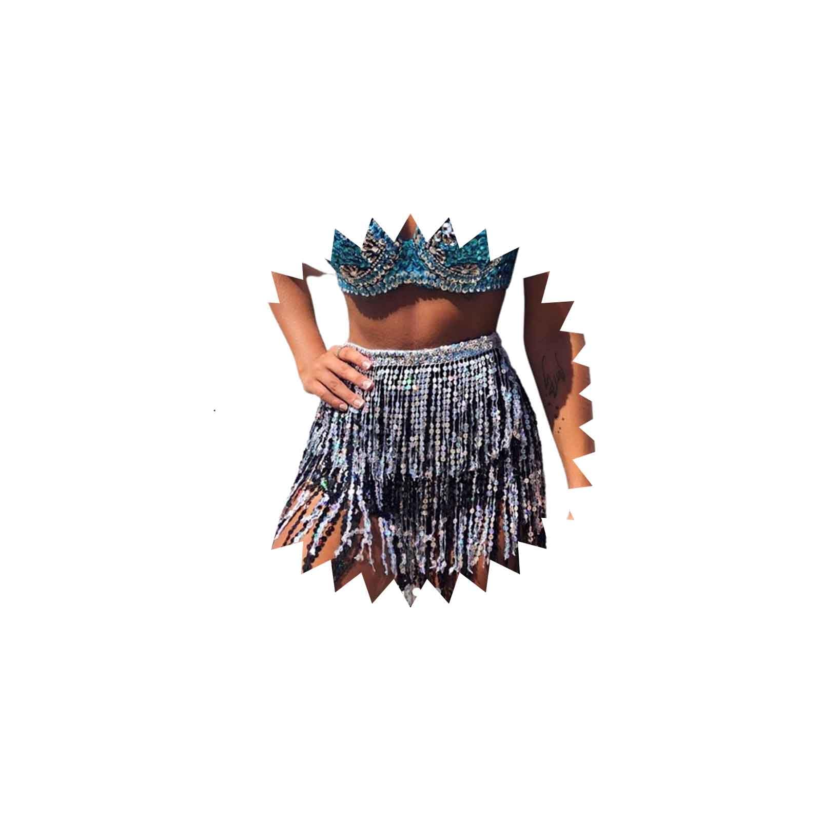 Sttiafay Women's Black Belly Dance Hip Scarf Sequins Tassel Belly Dance Skirt Short Fringe Wrap Festival Performance Rave Costume For -Silver