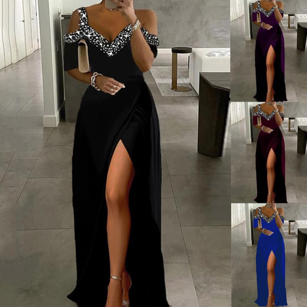 shownicer Vestiti da Cerimonia Donna Elegante Scollo a V Abito Maxi Lungo a Vita Alta Vestito Sexy Curvy Cocktail Abiti in Tinta Unita Vestiti con Spacco