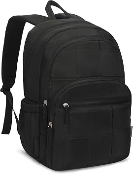 College Laptop Backpack 16 Inches Quilted Travel Backpack for Women Lightweight Puffer Casual Daypack 28L Classic Black