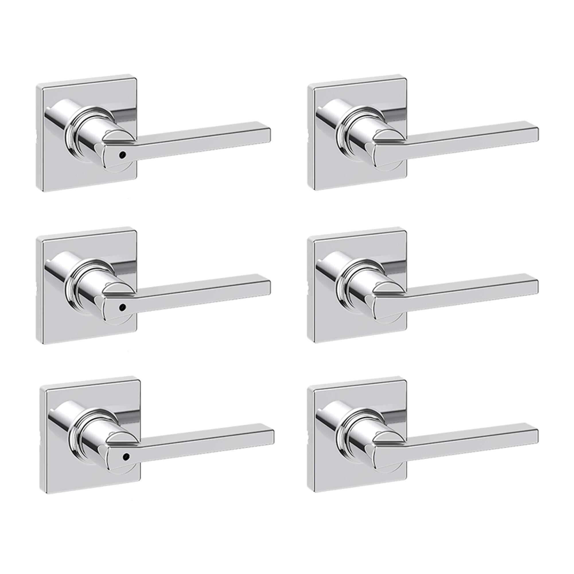 Kwikset Casey Hallway Passage and Bed/Bath Privacy Door Handle 6 Pack, 3 Passage Levers and 3 Privacy Levers, Polished Chrome Reversible Interior Handles