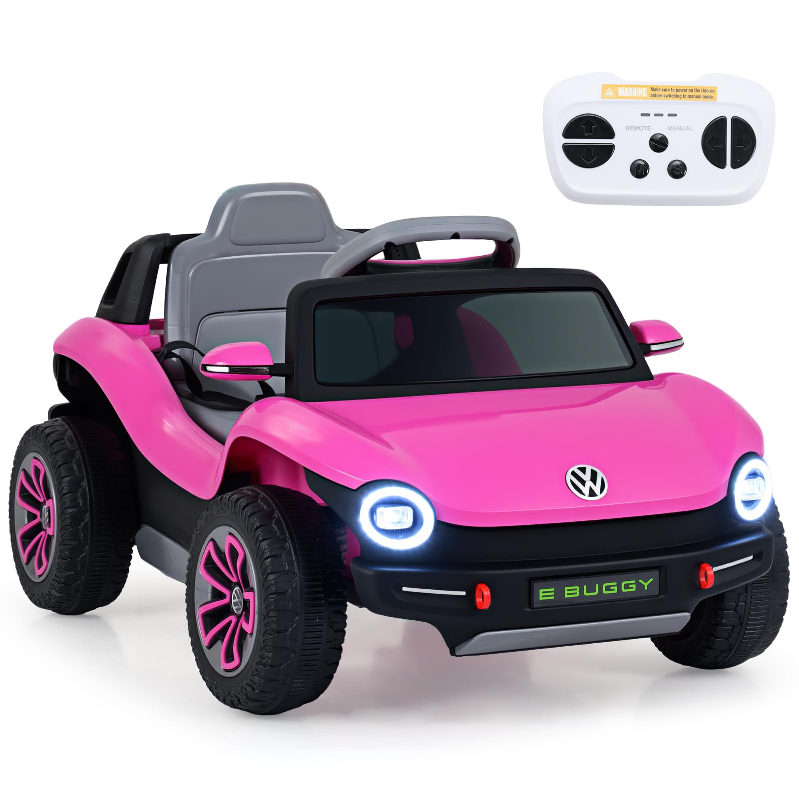 COSTWAY 12V Kids Ride on Car, Licensed Volkswagen Electric Vehicle with Remote, Storage, Horn, Music, Wireless Connection, Spring Suspension & LED Headlights, Battery Powered Ride on Toy (Pink)