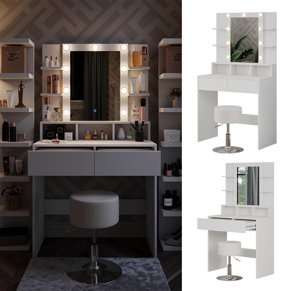 Vicco Tavolo da toeletta Taylor, Bianco, 80 cm con illuminazione LED e sgabello, con illuminazione LED e sgabello girevole regolabile in altezza