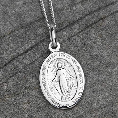 Aeon Real Sterling Silver Miraculous Medal Pendant Necklace for Women and Men. Adjustable Chain from 16 inches to 18 inches. Christian Holy Mary Medal in Silver