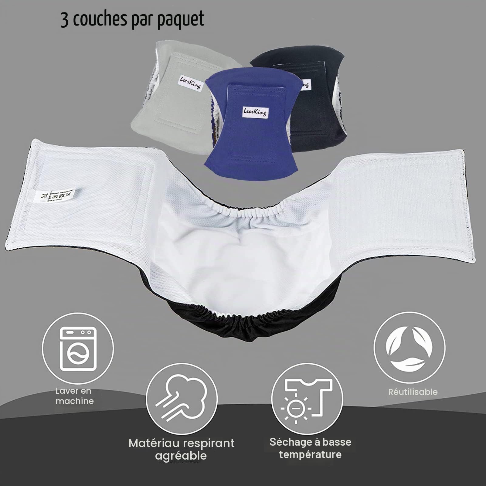 LeerKing Couches pour Chiens Male Lavable Lot de 3 Bandeau Ventrale Réutilisables Très Absorbantes pour Chiens Anti-Pipi Incontinent de Petite Moyenne et Grande Taille L