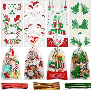 VEYLIN 120 Pieces Christmas Cellophane Bags Candy Bags with 150 Twist Ties for Christmas Party Supply