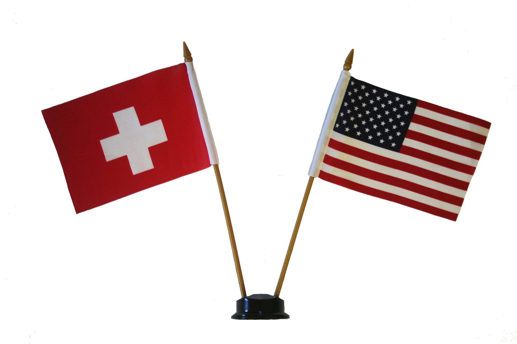 USA & SWITZERLAND Small 4 X 6 Inch Mini Double Country Stick Flag Banner with BLACK STAND on a 10 Inch Plastic Pole New