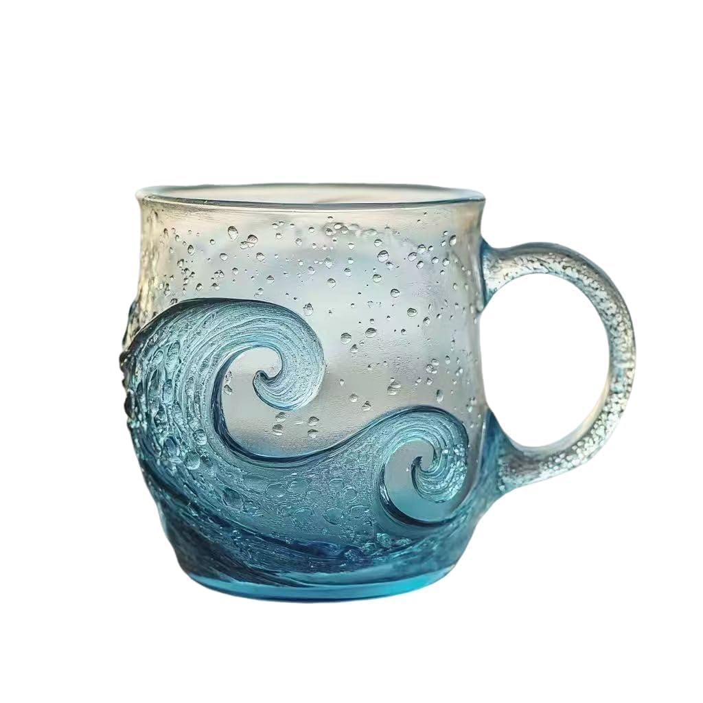 DSXVJHD Sea Glass Wave Coffee Mug, 12oz Ocean Wave Glass Mug with Handle, Frosted Captivating Artistic Beach Theme Coffee Cups Gift for Ocean Lovers, Drinking Coffee, Tea, Wine, Cocktails (B)