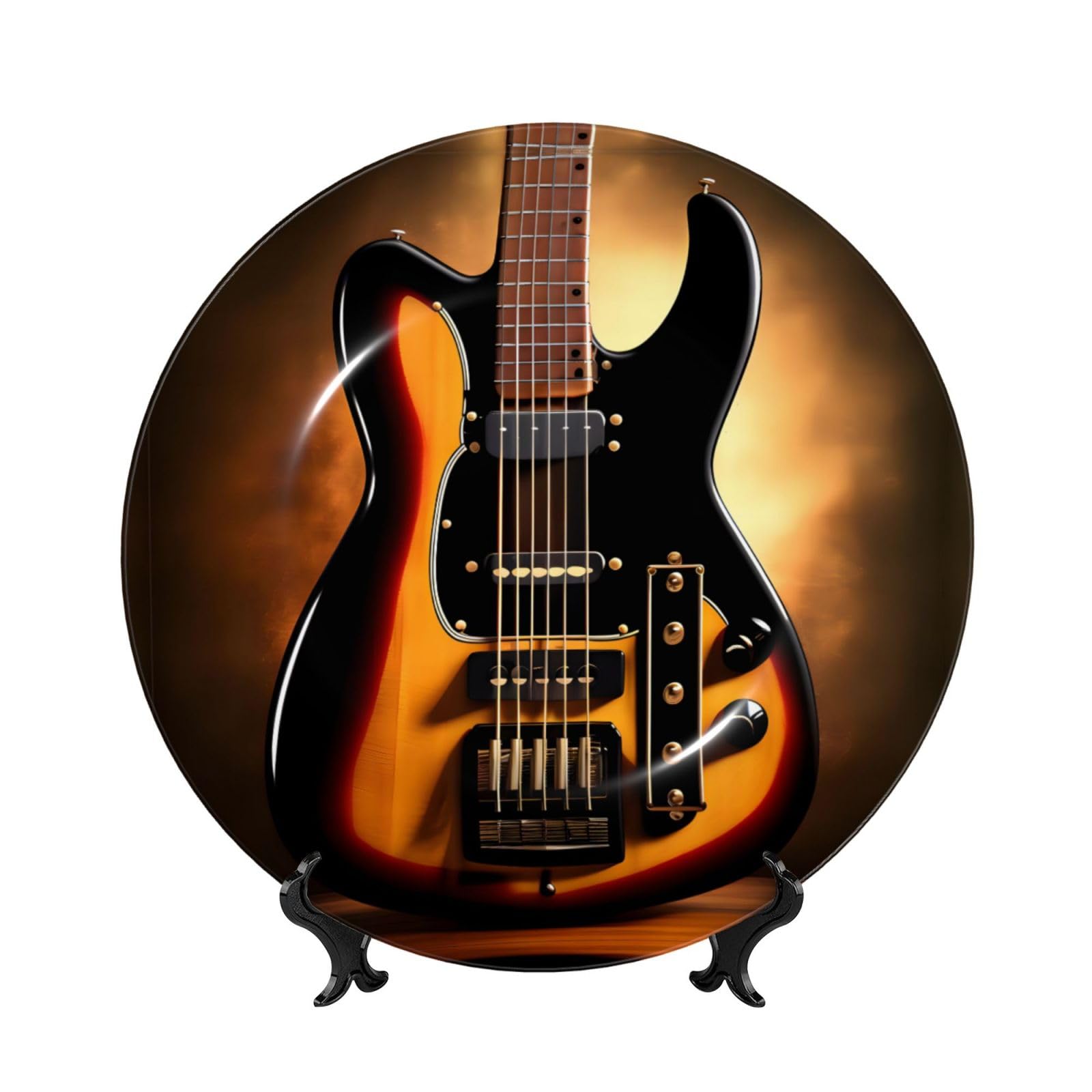 SXZVVBN Instrumental Guitar Bone China Decorative Plate Art with Stand Removable Adhesive Hanging for Home Office 6in（15cm）