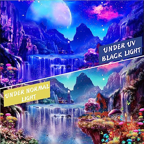 Avinyl Blacklight Posters Space Tapestry For Bedroom Black Light Waterfall Landscape Wall Hanging Uv Reactive Moon Galaxy Tapestries Fantasy Mushroom And Floral Tapestry For Living Room Decor 51In X 60In thumb #3