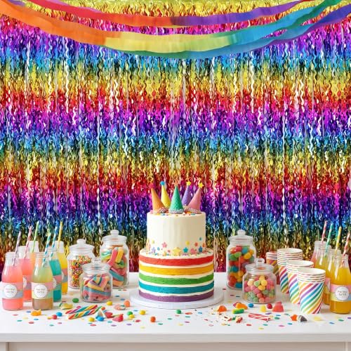 Image of TONIFUL 2Pcs Wavy Rainbow Metallic Tinsel Foil Fringe Curtain Streamer