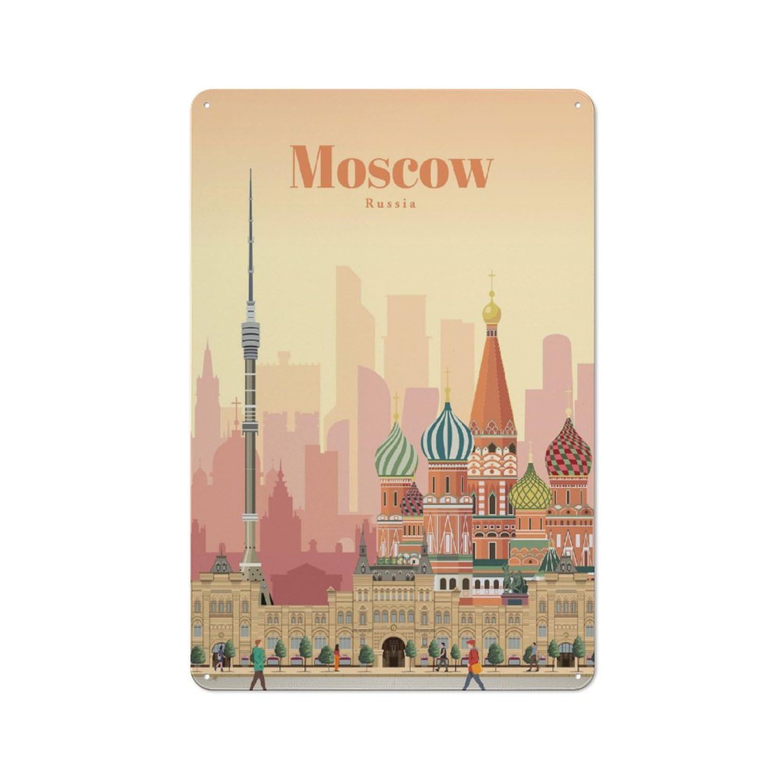 Travel to Moscow Printed Tin Plaque, Small Wall Accent for Coffee Corner, Diner Or Kitchen Decor, 30x20cm