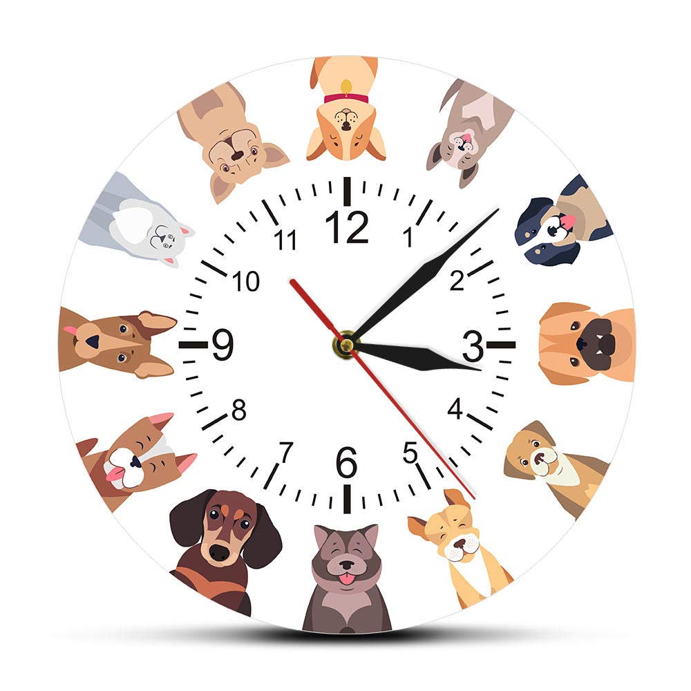 Yuandd No Frame Different Purebred Dogs Cartoon Wall Clock Canine Home Decor Cool Dog Breed Printed Wall Art Kid Room Nursery Silent Wall Clock(No Frame)