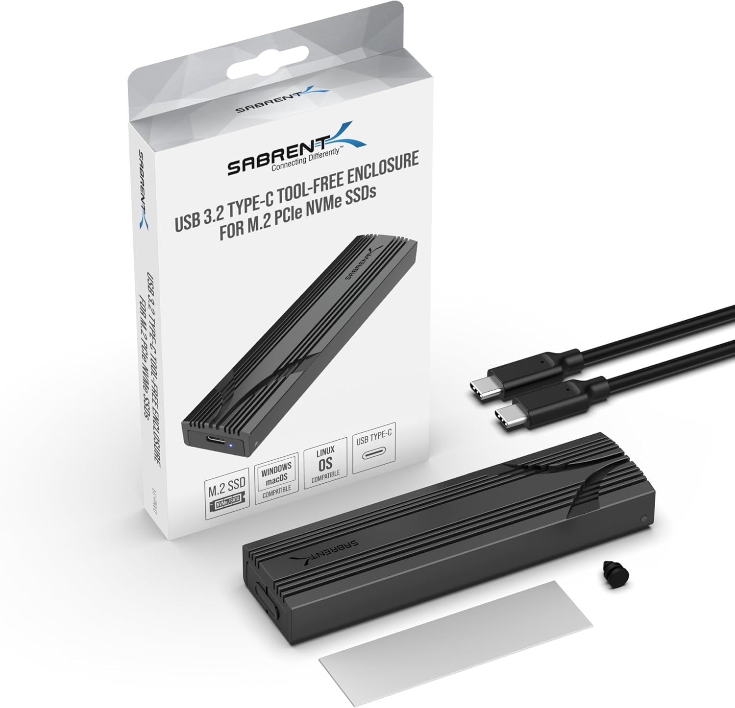 SABRENT Boîtier NVMe USB C, boîtier SSD M.2 sans Outils pour 2230-2280, Adaptateur USB 3.2 Gen 2 10 Gbit/s, Refroidissement en Aluminium, boîtier de Disque Dur Externe M.2 pour SSD NVMe (EC-PNVO)