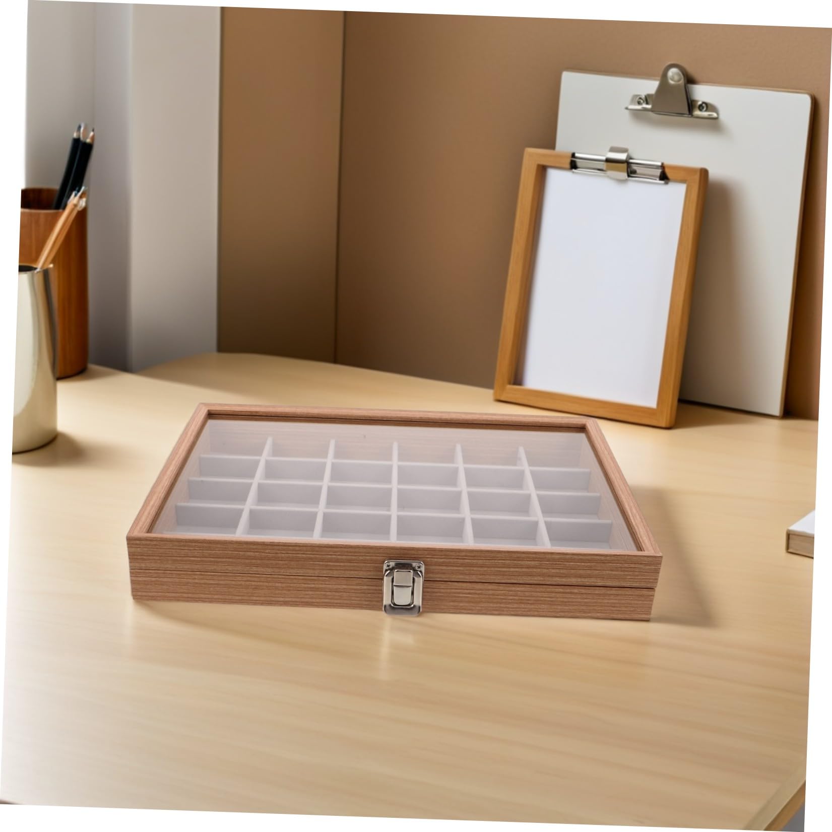PACKOVE Ausstellungsbox für Gesteine und Mineralien 30 fächer Beige mit Transparentem Deckel Leicht und Tragbar Unterteilte Aufbewahrungsbox für Steinsammler Mineralienausstellungen