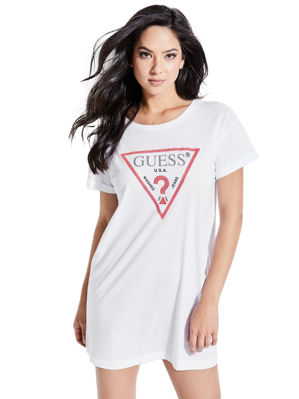 GUESS Women's Longline Logo Tee Brilliant White