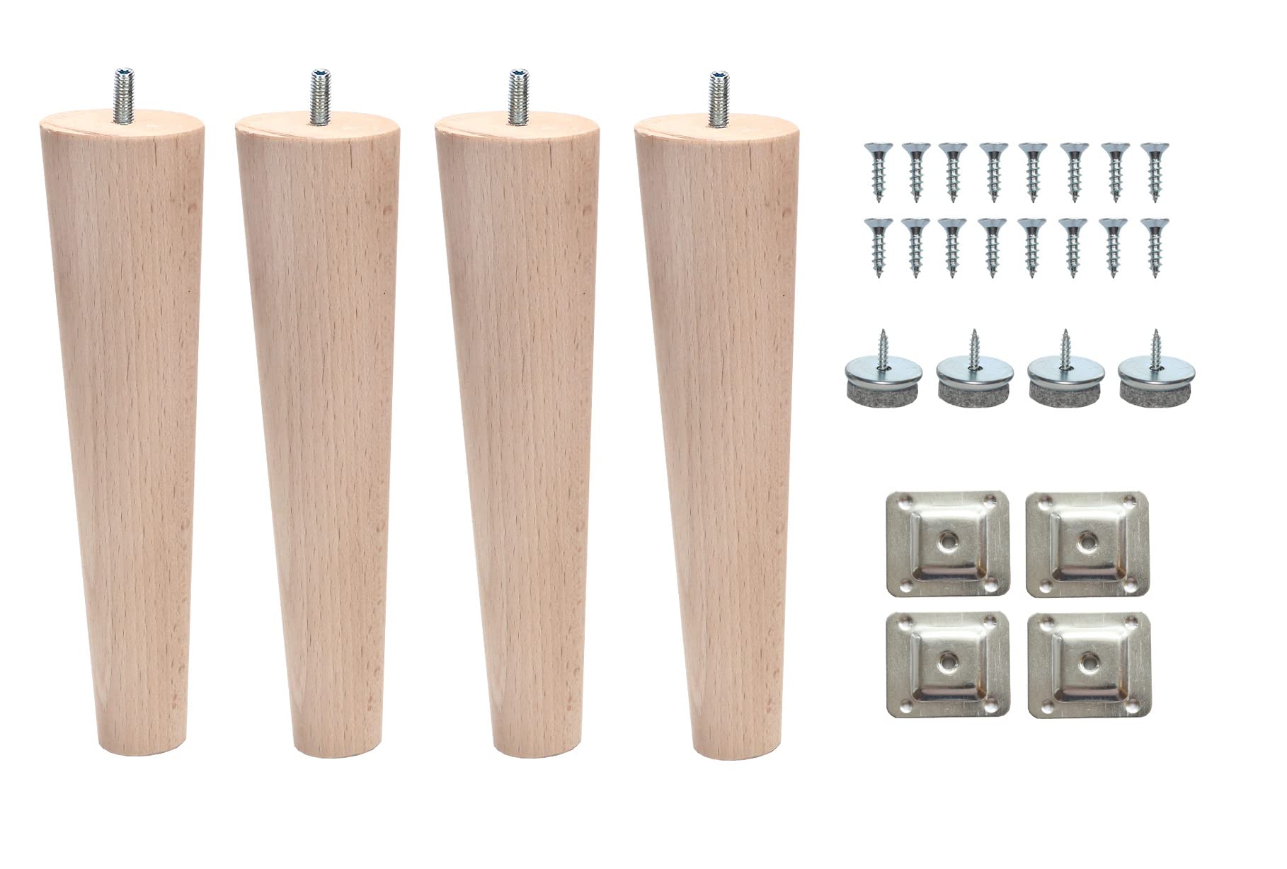 Wooden Round Cone Tapered Furniture Replacement Legs Colour M8 Thread Level Mounting Plates Protective Felt Pads Set of 4 Legs for Sofa Cabinet Footstool Chair Bed Ottoman (8'' = 20 CM, Raw State)