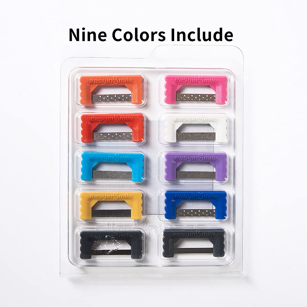 Clear plastic tray displaying nine different colored Easyinsmile IPR strips.
