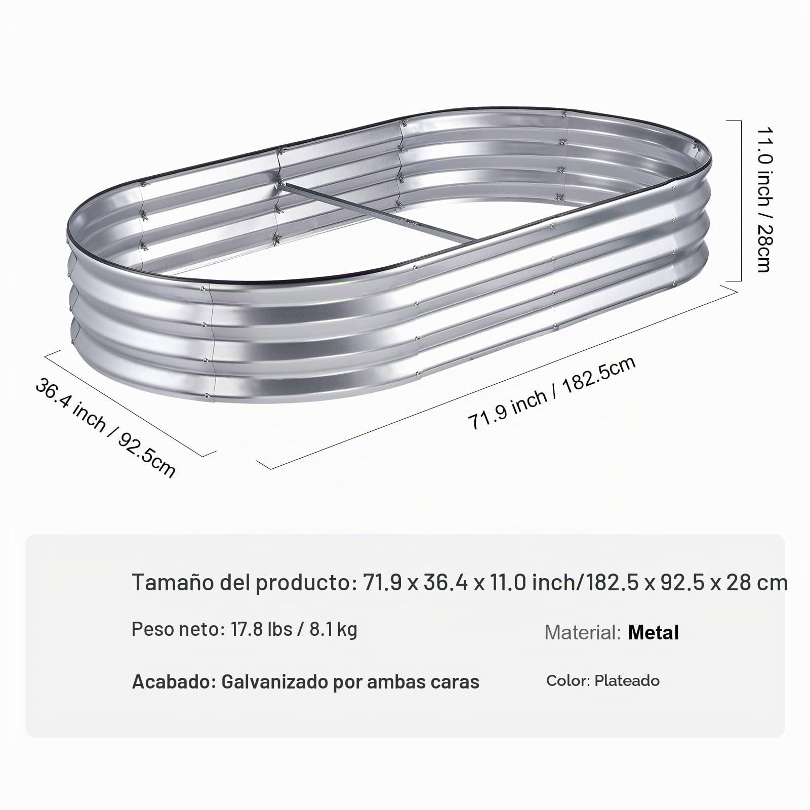 VEVOR Cama Elevada de Jardín 182,5 x 92,5 x 28 cm Jardinería Elevada de Metal Galvanizado para Cultivo de Flores Plantas Hierbas Huerto Urbano para Jardín Terraza Patio Balcón Plata con Accesorios
