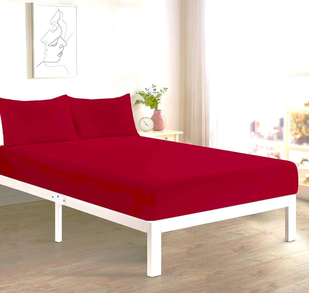Fitted Bed Sheet With FREE MATCHING 2 X PILLOW CASES Poly Cotton Percale Easy Care Plain Dyed Bed Sheet Red King