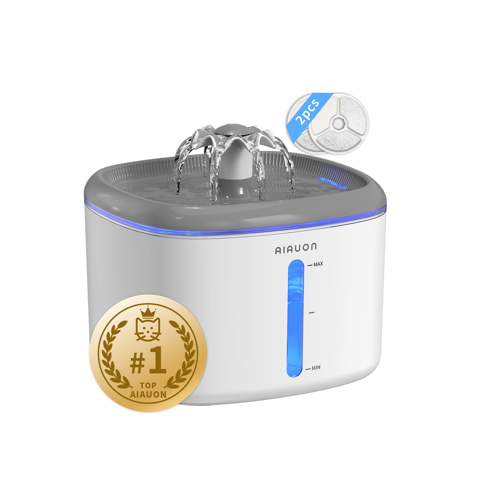 Trinkbrunnen für Katze, 2,5L Katzenbrunnen Leise mit 2 Ersatzfiltern und LED-Wasserstandsfenster für Katzen, kleine Hunde und mehrere Haustiere, Wasserbrunnen für Katzen