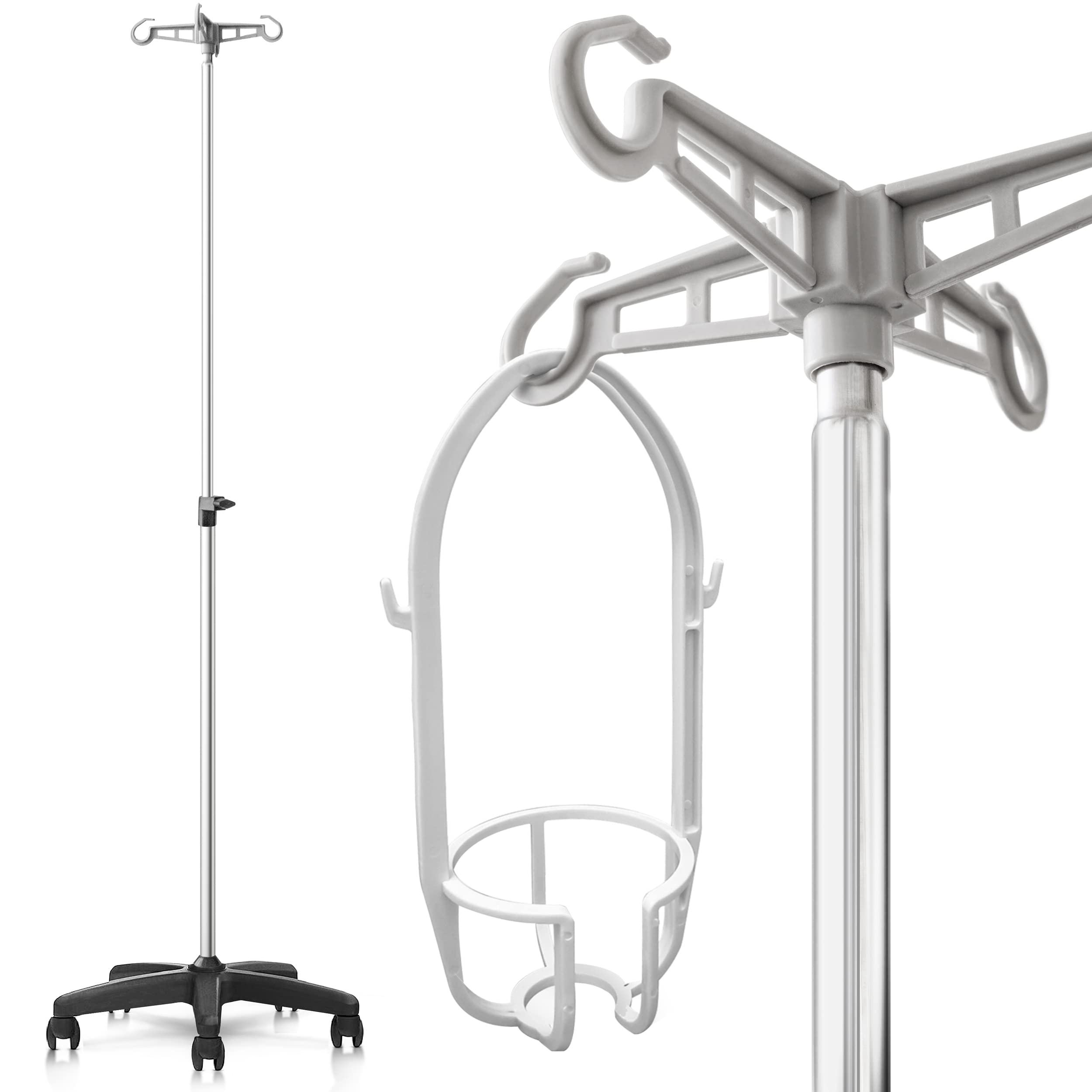 AIESI® Asta per flebo in ACCIAIO INOX con 4 ganci in plastica e ruote piroettanti di cui 2 con freno # Cestello portaflebo in omaggio # Garanzia Italia 24 mesi