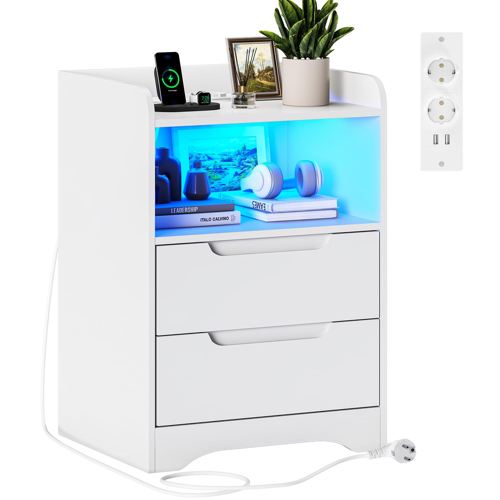 Brinlawb Mesita de Noche Blanca con Iluminación LED Mesilla de Noche Blanca Mesita Auxiliar con Estación de Carga, 2 Puertos USB Mesa de Noche Dormitorio Mesa Auxiliar con 2 cajones, Mesita Noche
