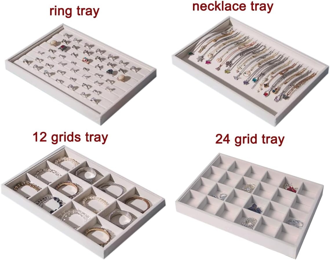 4Pcs Large Jewelry Organizer Trays with Lid, Stackable Rings Earrings Necklaces Bracelets Display Storage Box, Jewellery Organizer Case for Selling Show or Home Use (Black Velvet)