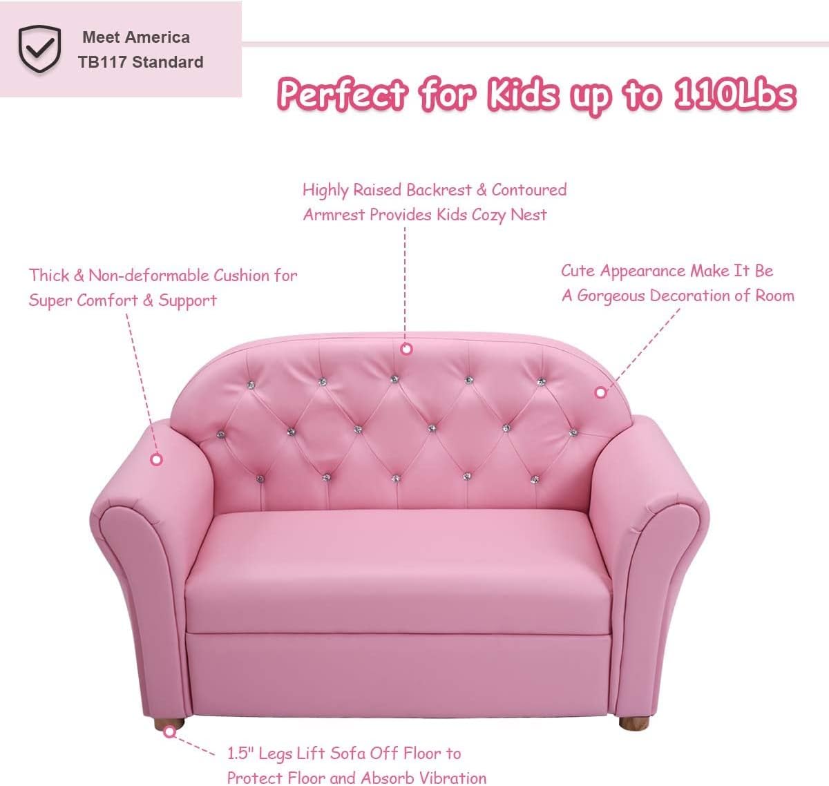 Fireflowery Kids Sofa, 37-inch Couch Lounger Chair w/Sturdy Wood Construction & PU Leather Upholstered, Mini Double Foam Play Couch for Toddlers Preschool Girls, Pink