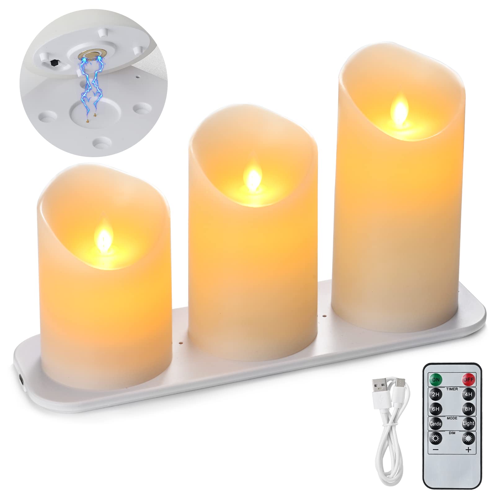 LTETTES Paraffin Wax Rechargeable Flameless Ivory Real Wax Led Pillar Candles Electric with Remote Controller for Home Decor,Birthday Gifting,Wedding&Any Other Decoration - Set of 3 (3"X4",5",6")