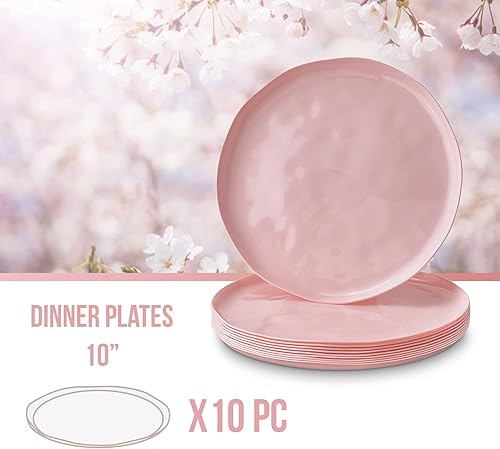 Miniatura 4 de Platos llanos de plástico rosa para fiestas, (10 piezas) juego de vajilla desechable resistente, platos de aspecto fino de porcelana de 10 pulgadas,