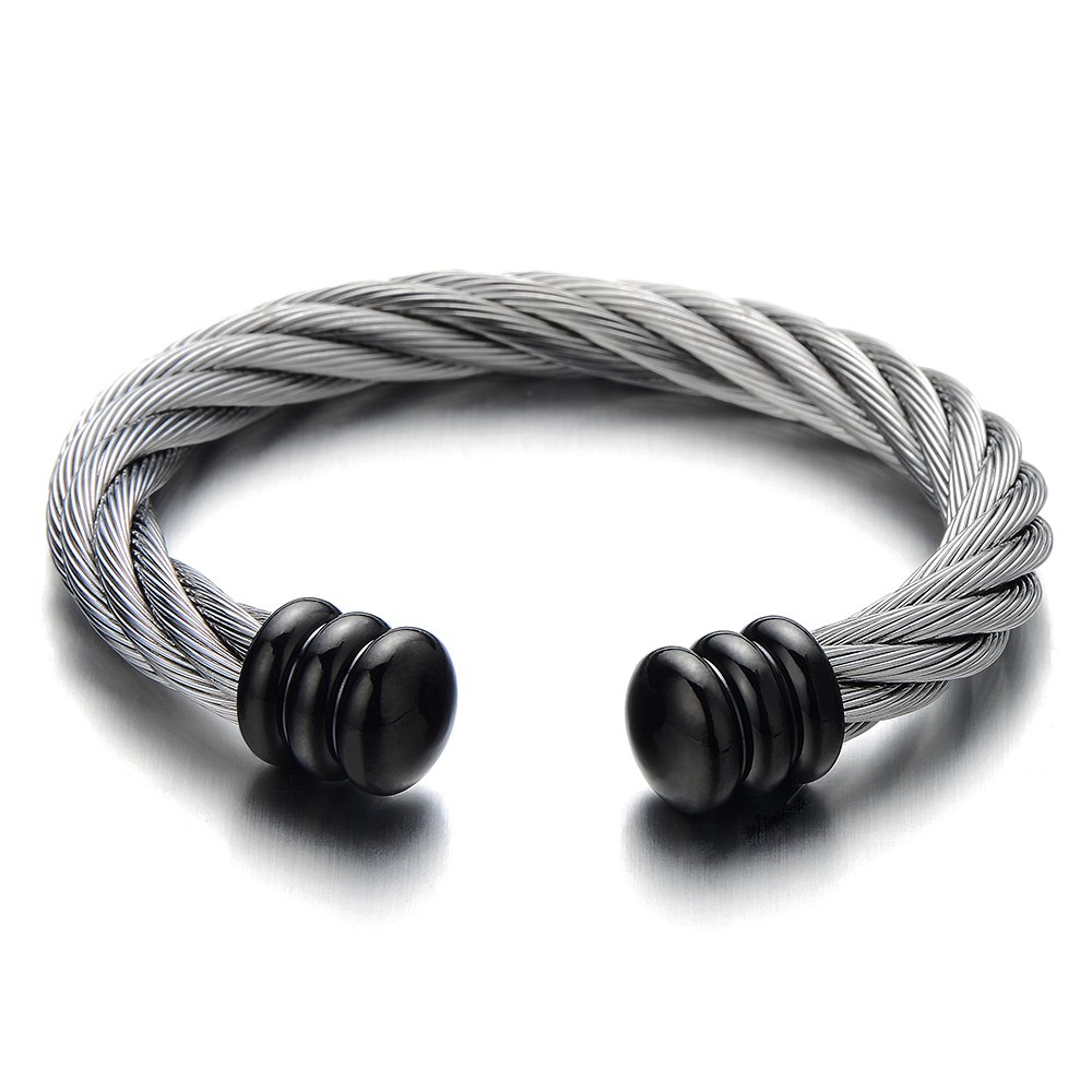 COOLSTEELANDBEYOND Large Elastic Adjustable Steel Twisted Wire Cuff Bangle Bracelet for Men Women