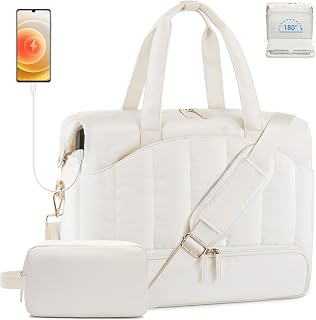 Weekender Bag for Women, 45L Travel Duffle Bag with 17 inch Laptop Compartment, Carry on Overnight Bag with Shoe Compartment & Wet Pocket, Travel Tote Bag for Work, Gym, Hospital, Yoga, Beige