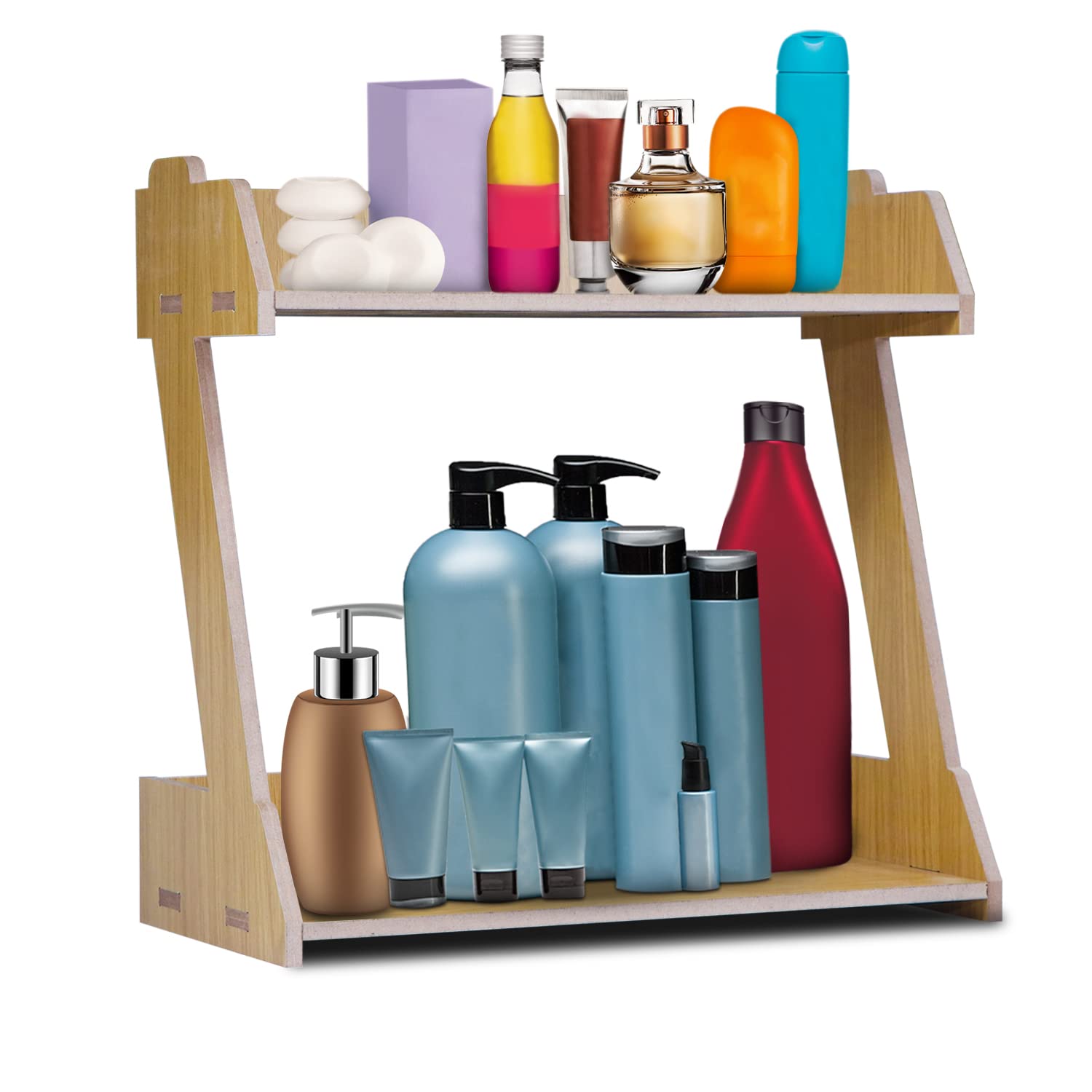LAVNIK Makeup Storage Organizer Display Shelf with 2 Layers for Bathroom, Vanity, Countertop PlyWood Cosmetic Organizer, Natural Bamboo Perfume Display Rack, PlyWood Counter Stands, Assemble Easily