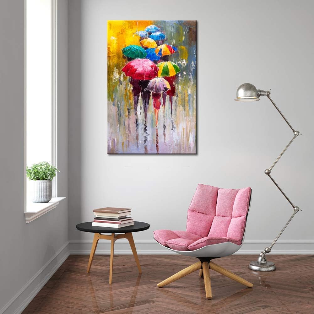 KLVOS Large Canvas Print Wall Art- 24x36 Colorful Umbrella Office Worker Walking in the Rain Canvas Oil Painting Picture Artworks Modern Landscape for Home Wall Decor Ready to Hang