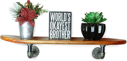 Miniatura 4 de Estante flotante de estilo industrial para patineta de caoba vintage con sistema de montaje de tubería - Estantería de patinaje interior hecha a