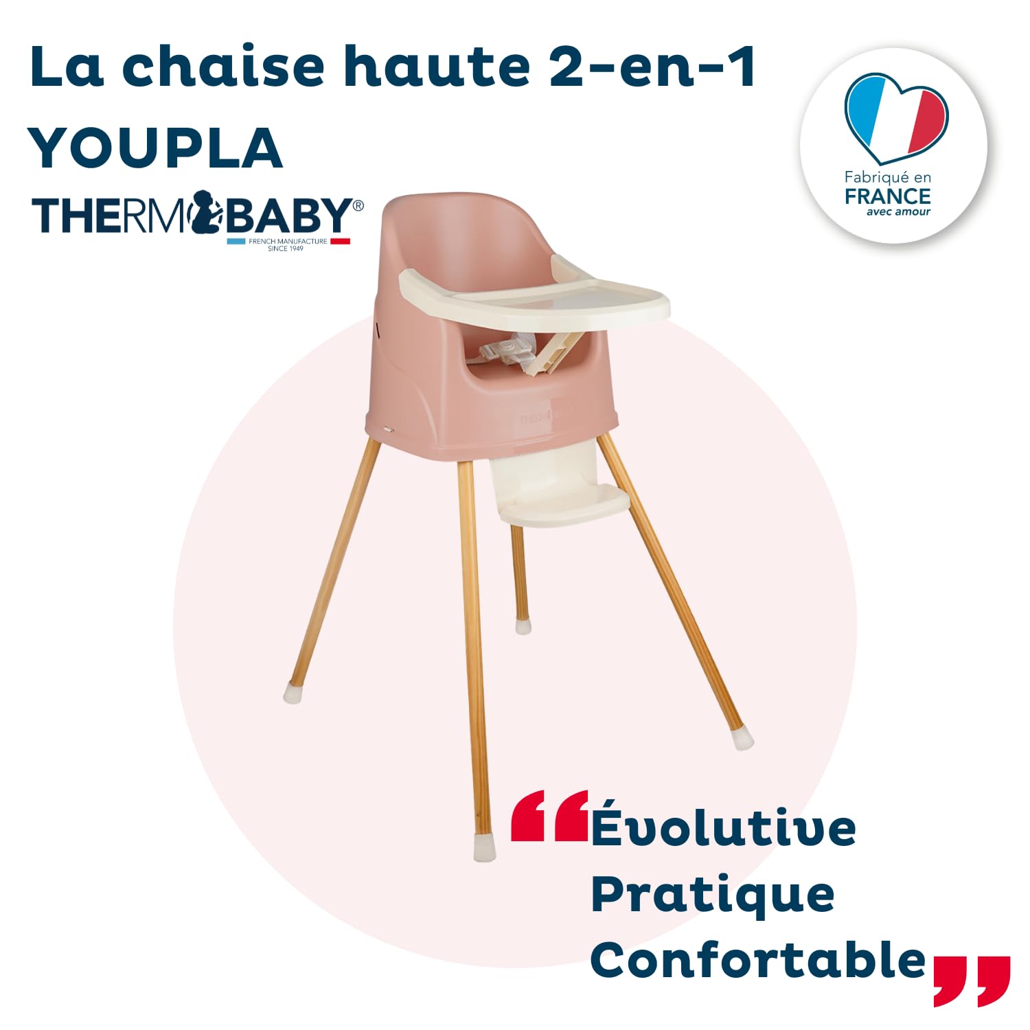 THERMOBABY - Chaise Haute Bébé 2 en 1 Youpla - Évolutive En Rehausseur Chaise Enfant - Tablette Amovible - Harnais 3 Points - Dès 6 Mois, Jusqu'à 3 Ans ou 15kg - Fabriqué En France - Rose Câlin