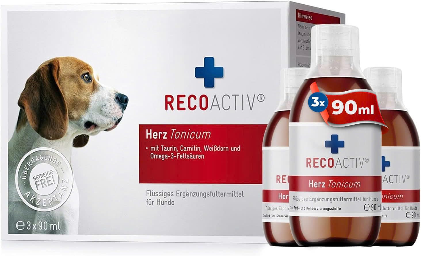 RECOACTIV® Herz Tonicum für Hunde, 3 × 90 ml – Ergänzungsfuttermittel mit herzrelevanten Nährstoffen wie L-Carnitin, Taurin, Omega-3-Fettsäuren und Weißdorn