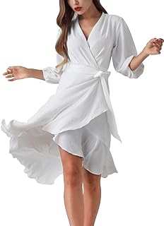 SHERRYRISE Vestido cruzado de cintura alta con cuello en V y volantes para mujer, vestido de cintura alta con cinturón de ...