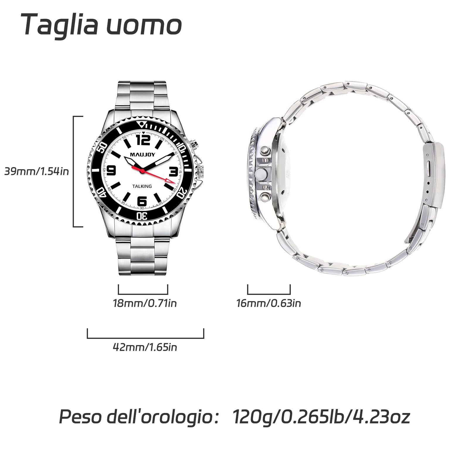 通用 MAUJOY Uomo Orologio Parlante in Italiano con Sveglia e Relazione oraria,annuncio ora e data con giorno della settimana Per anziani e non Vedenti.