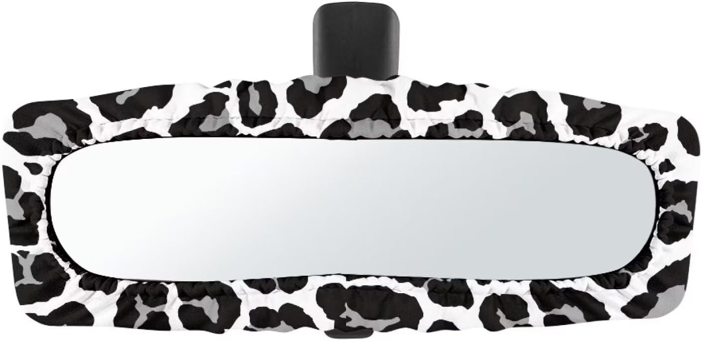 Leopard White Black Universal Rearview Mirror Protector Cute Cars Mirror Cover for Rear View Dustproof Car Interior Decorations for Most Cars SUVs Vans