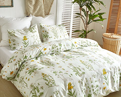 Fire Kirin Botanical Duvet Cover Set 2Pc (1 Duvet Cover + 1 Pillowcase) Yellow Flowers And Green Leaves Floral Garden Pattern Printed Bedding Cover Sets (Twin #TOP2
