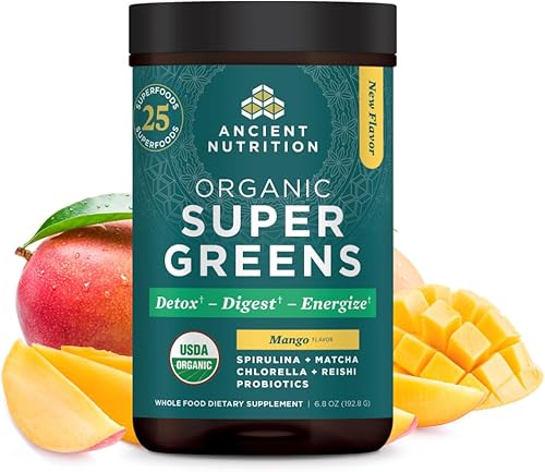 Ancient Nutrition SuperGreens - Polvo con probióticos, verduras orgánicas con sabor a mango, hechas de frutas reales, verduras y hierbas, soporte