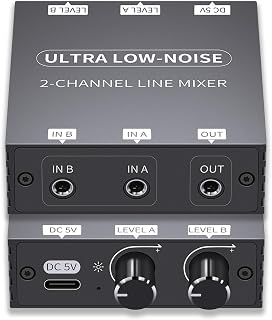 2 Channel Stereo Audio Mixer 3.5mm, Mini Audio Mixer Line Mixer, DC 5V, Stereo Ultra, Low-Noise for Sub-Mixing, for music creation, live broadcast, As Guitars, Bass, Keyboards Mixer