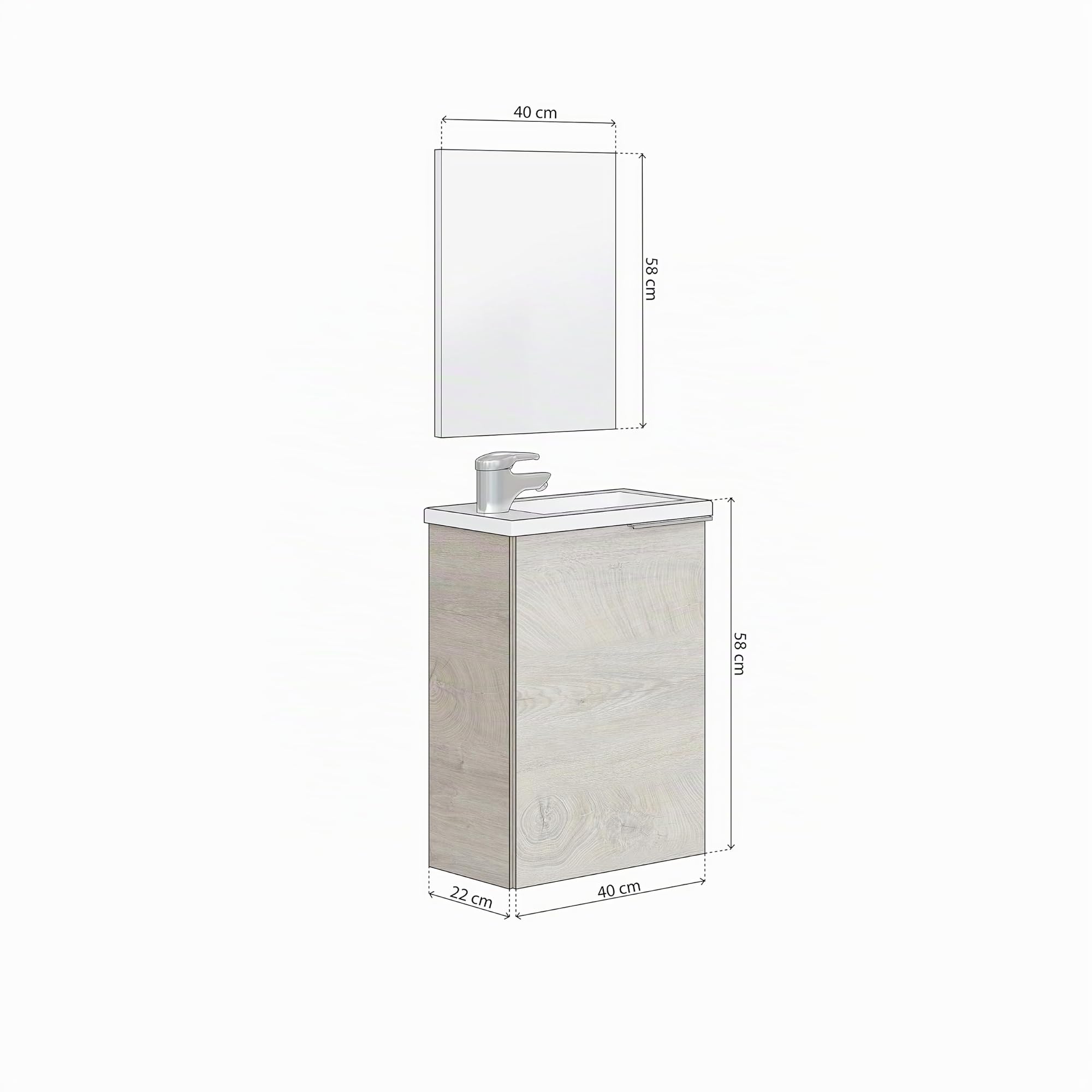 duehome | Mueble de Baño con Espejo y Lavabo, Modulo Suspendido, Modelo Snese, Acabado en Roble Alaska, Medidas: 40 cm (Ancho) x 58 cm (Alto) x 22 cm (Fondo)