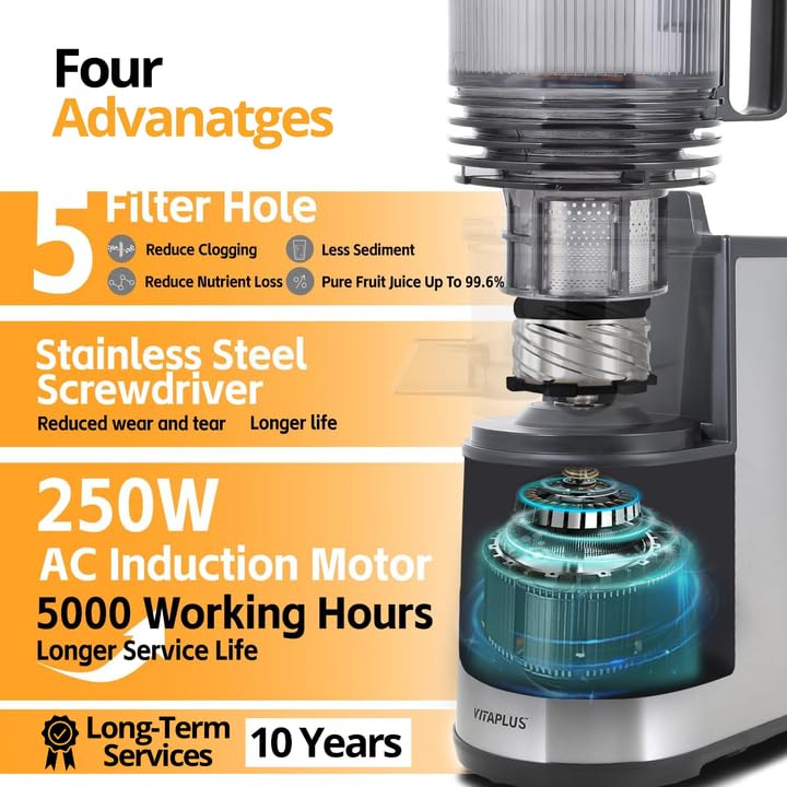 Cold Press Juicer, Upgraded AC Motor Masticating Juicer, Never Wears Stainless Steel Auger, BPA-FREE Slow Juicing Extractor Machine with Easy Clean 5.8" Feeding Chute for Whole Vegs and Fruits - Image 4