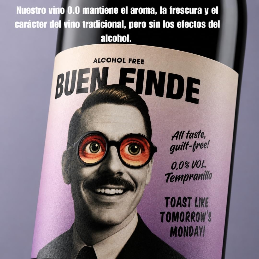 Buen Finde® Vino Sin Alcohol 0,0% Tinto Tempranillo | Pack 6 Botellas x 750 ml | Vino Desalcoholizado Premium | Bajo en calorías, vegano, equilibrado y afrutado