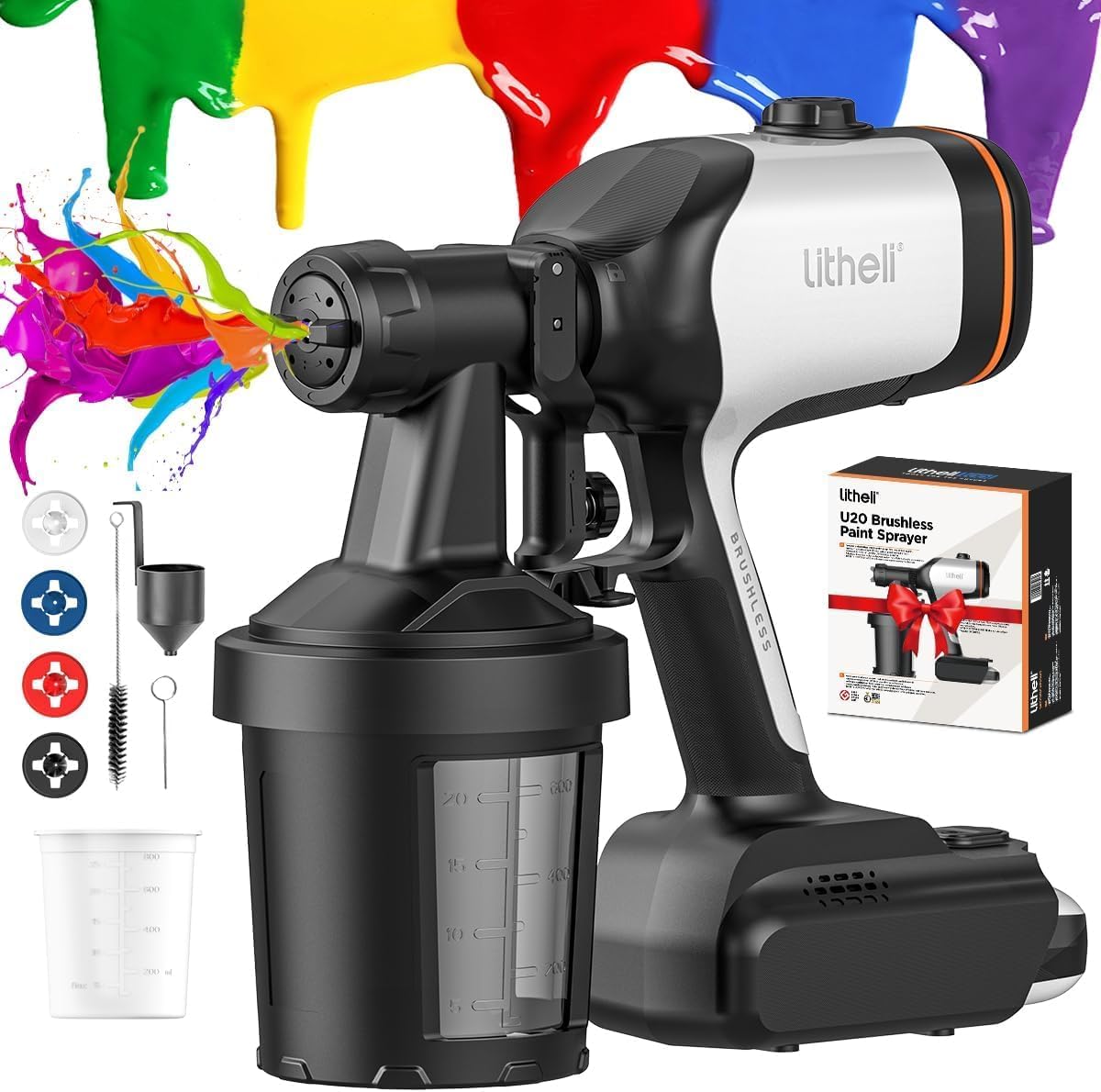 Litheli Spruzzatore a Colori Senza Fili, Motore Brushless 500 W, Flusso e Colore Regolabili, 3 Modi di Spruzzo, 4 Ugelli, Batteria 4,0 Ah Inclusa, Ideale per Interni ed Esterni