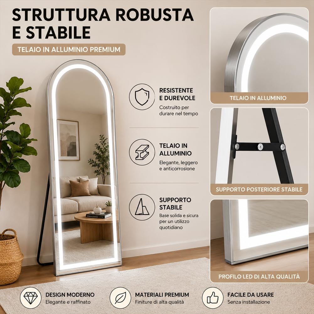 Shally Dogan Specchio Figura Intera ad Arco con Struttura in Alluminio Indipendente e Led a 3 Colori Bianco Freddo, Caldo e Naturale, Illuminazione Dimmerabile e Accensione Touch Moderno, 160 x 50 cm