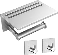 Vista 8 de Soporte de papel higiénico – Soporte de papel higiénico de aluminio de doble rollo con estante para teléfono móvil para baño, autoadhesivo 3M, sin